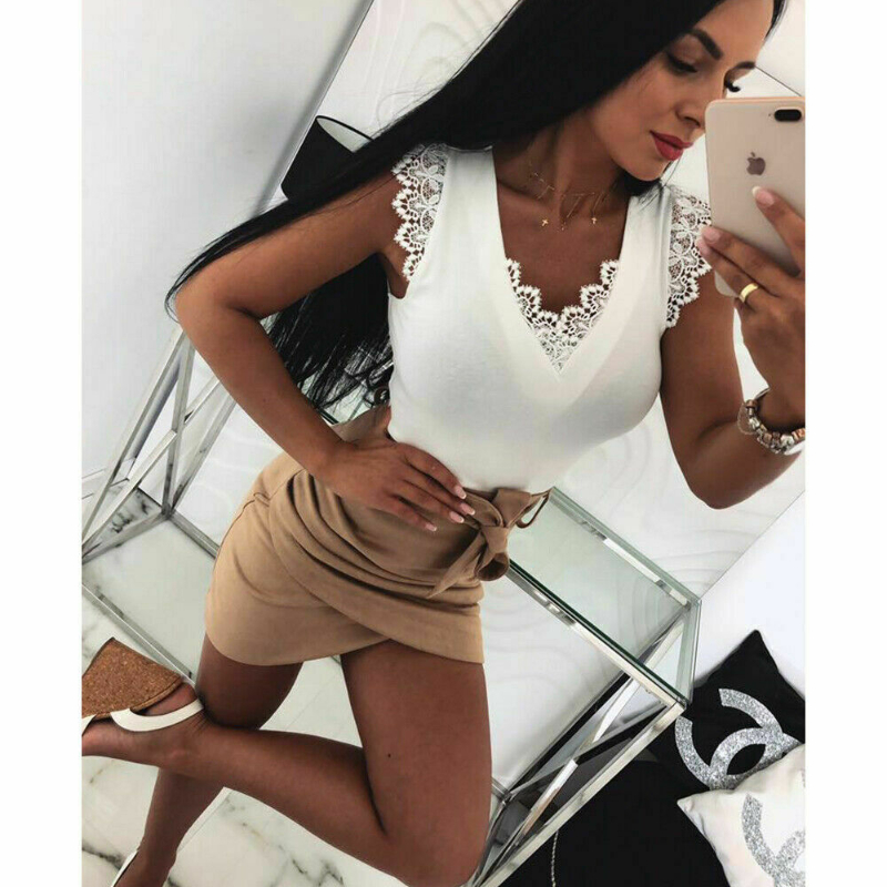 1pc V Sexy Lace-Up Women Summer Tank Tops Lace Vest Fashion Camisole Sleeveless Casual T-Shirt