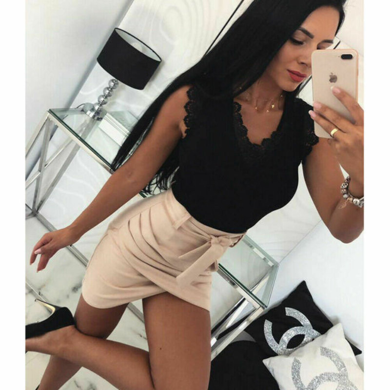 1pc V Sexy Lace-Up Women Summer Tank Tops Lace Vest Fashion Camisole Sleeveless Casual T-Shirt