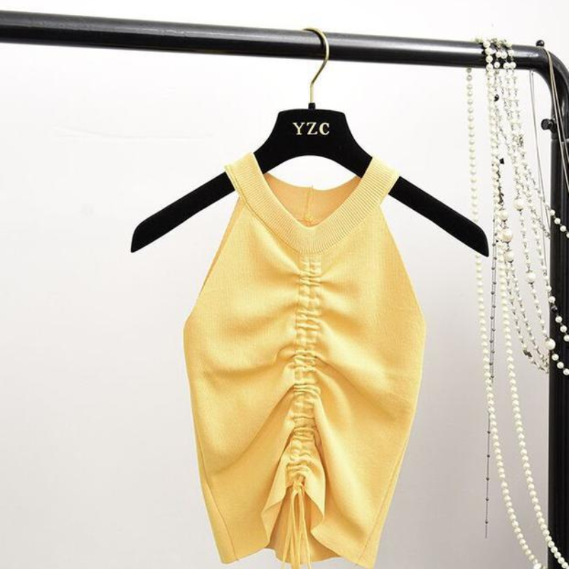 Sexy Lace Up Drawstring Ruched Crop Top Women Summer Stretch Sleeveless Camisole Tops Streetwear V Neck Slim knitted Tank Top