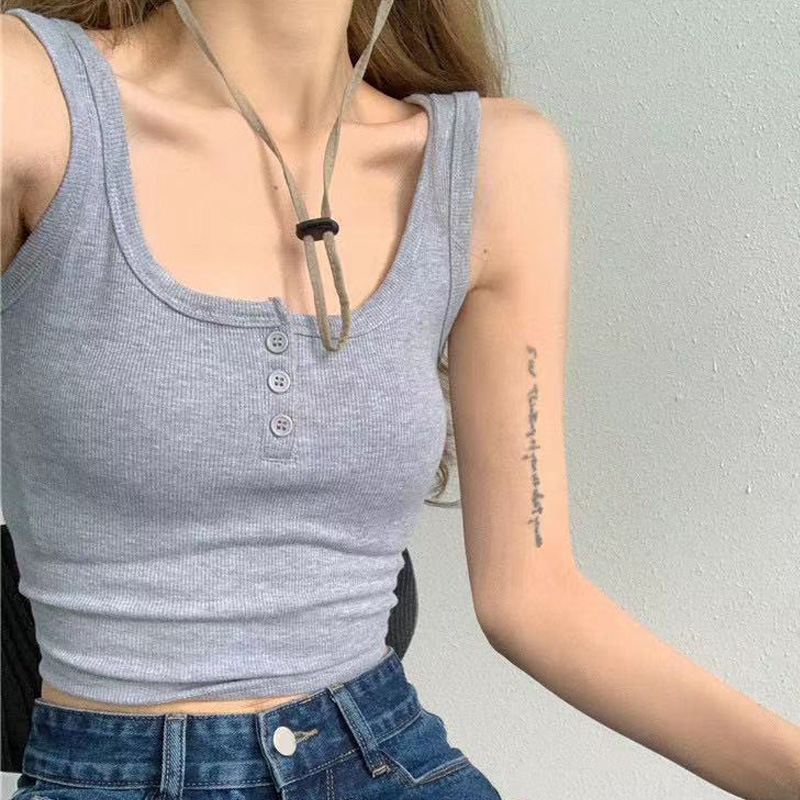 1PC New Sexy Tank Top Button Ribbed Crop Tops Women Summer Camis U-neck Camisole Fashion Casual Tube Female Sleeveless Cropped Vest