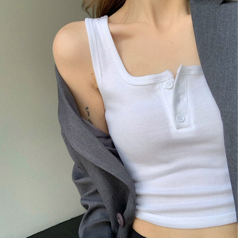 1PC New Sexy Tank Top Button Ribbed Crop Tops Women Summer Camis U-neck Camisole Fashion Casual Tube Female Sleeveless Cropped Vest