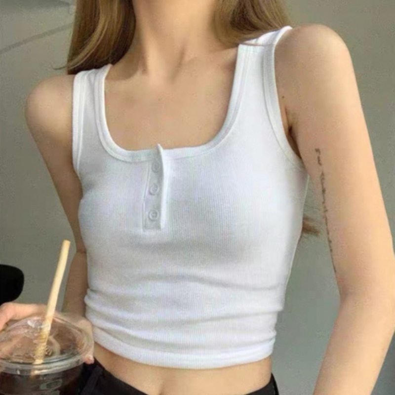 1PC New Sexy Tank Top Button Ribbed Crop Tops Women Summer Camis U-neck Camisole Fashion Casual Tube Female Sleeveless Cropped Vest