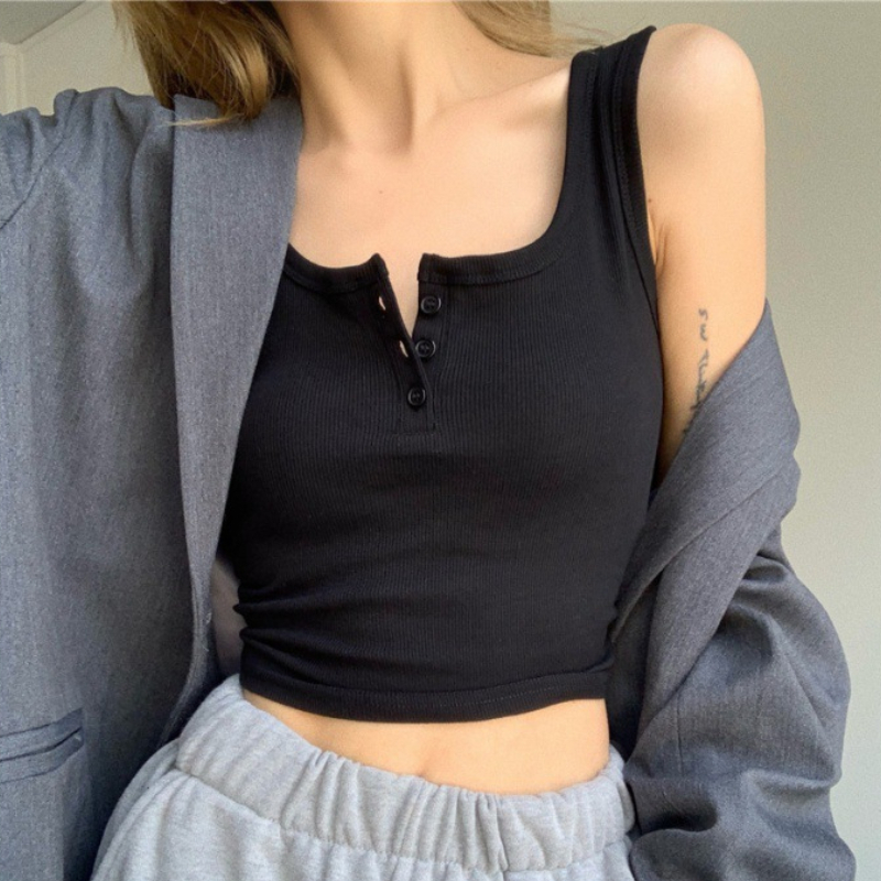 1PC New Sexy Tank Top Button Ribbed Crop Tops Women Summer Camis U-neck Camisole Fashion Casual Tube Female Sleeveless Cropped Vest