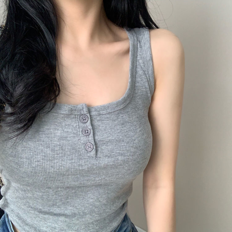 1PC New Sexy Tank Top Button Ribbed Crop Tops Women Summer Camis U-neck Camisole Fashion Casual Tube Female Sleeveless Cropped Vest