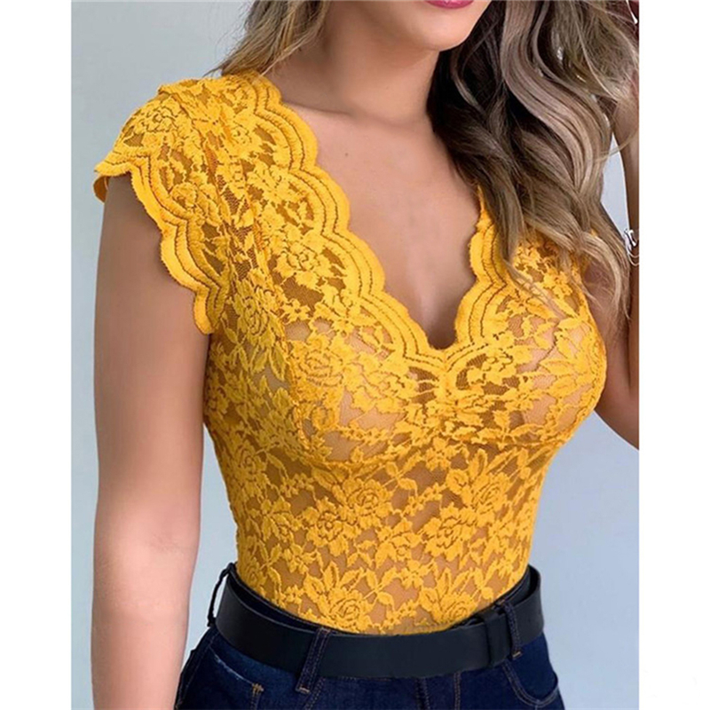 1pc Summer Sexy Women V Neck Lace Vest Top Solid Sleeveless Tank Tops Female Elegant Floral Hollow Out Bodycon