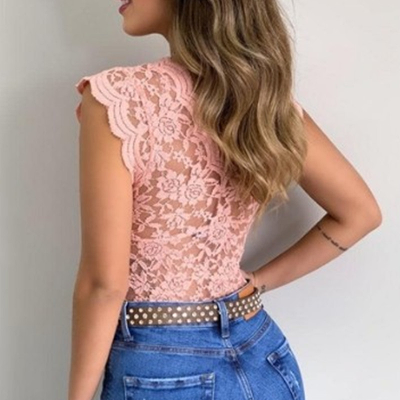1pc Summer Sexy Women V Neck Lace Vest Top Solid Sleeveless Tank Tops Female Elegant Floral Hollow Out Bodycon