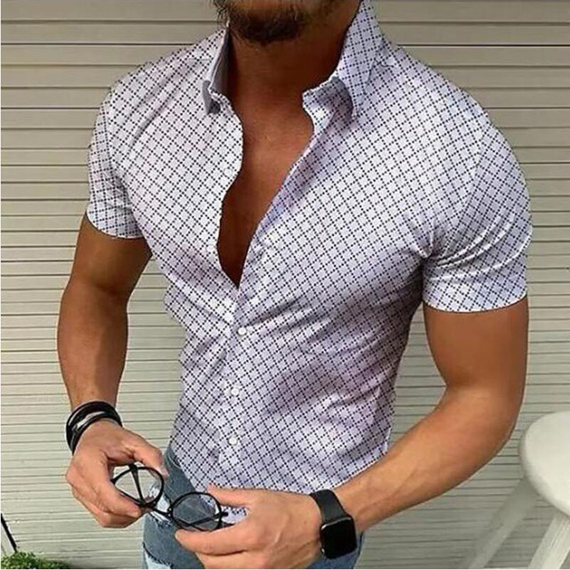 Summer Men's Street Fashion Trend Simple Retro Classic Plaid Button Cardigan Casual Slim Short Sleeve Lapel Shirt