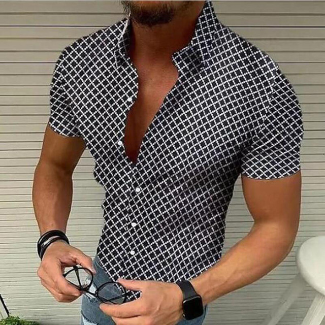 Summer Men's Street Fashion Trend Simple Retro Classic Plaid Button Cardigan Casual Slim Short Sleeve Lapel Shirt