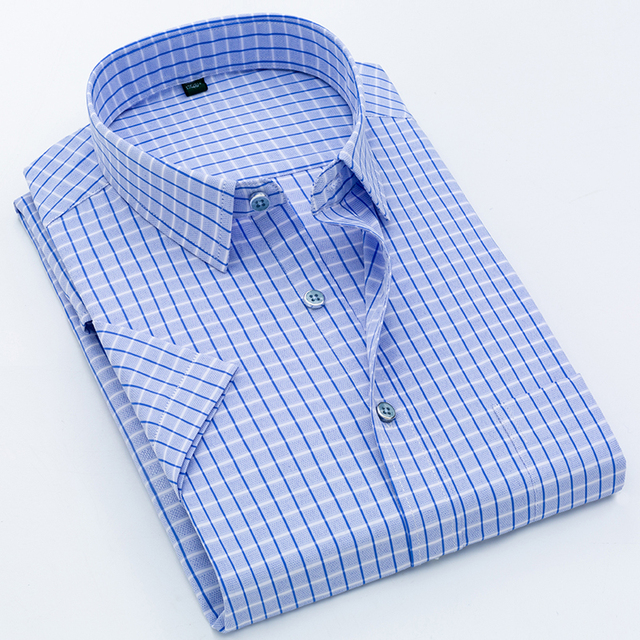 Men Shirt Plaid Short Sleeve Dress Striped Formal Shirt 2020 Summer Casual Slim Fit Pocket High Quality Business Dropshipping