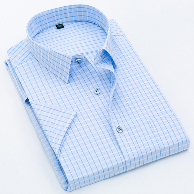 Men Shirt Plaid Short Sleeve Dress Striped Formal Shirt 2020 Summer Casual Slim Fit Pocket High Quality Business Dropshipping