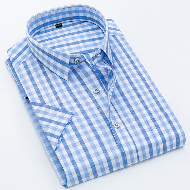 Men Shirt Plaid Short Sleeve Dress Striped Formal Shirt 2020 Summer Casual Slim Fit Pocket High Quality Business Dropshipping