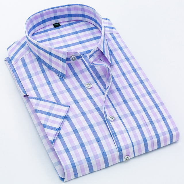 Men Shirt Plaid Short Sleeve Dress Striped Formal Shirt 2020 Summer Casual Slim Fit Pocket High Quality Business Dropshipping
