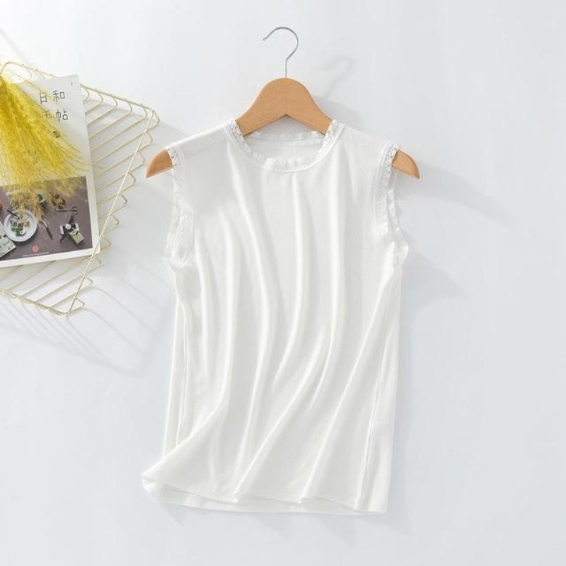 1pc Good Quality Lace Edge Rib Cotton Tank Top Women Summer O Neck Sleeveless Chic Basic T shirt  Streetwear Stretch Slim fit  Tees