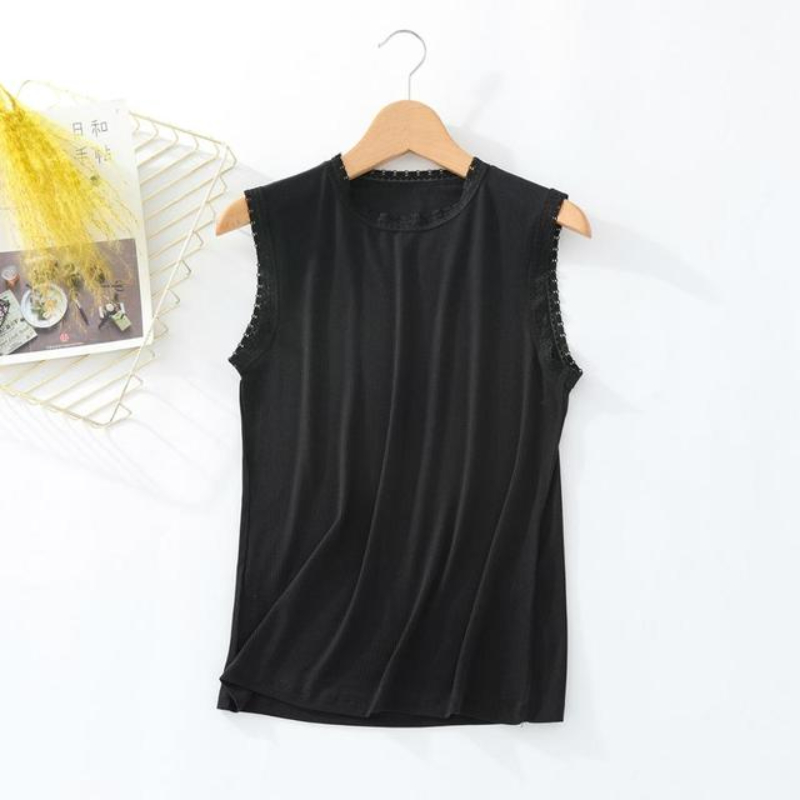 1pc Good Quality Lace Edge Rib Cotton Tank Top Women Summer O Neck Sleeveless Chic Basic T shirt  Streetwear Stretch Slim fit  Tees