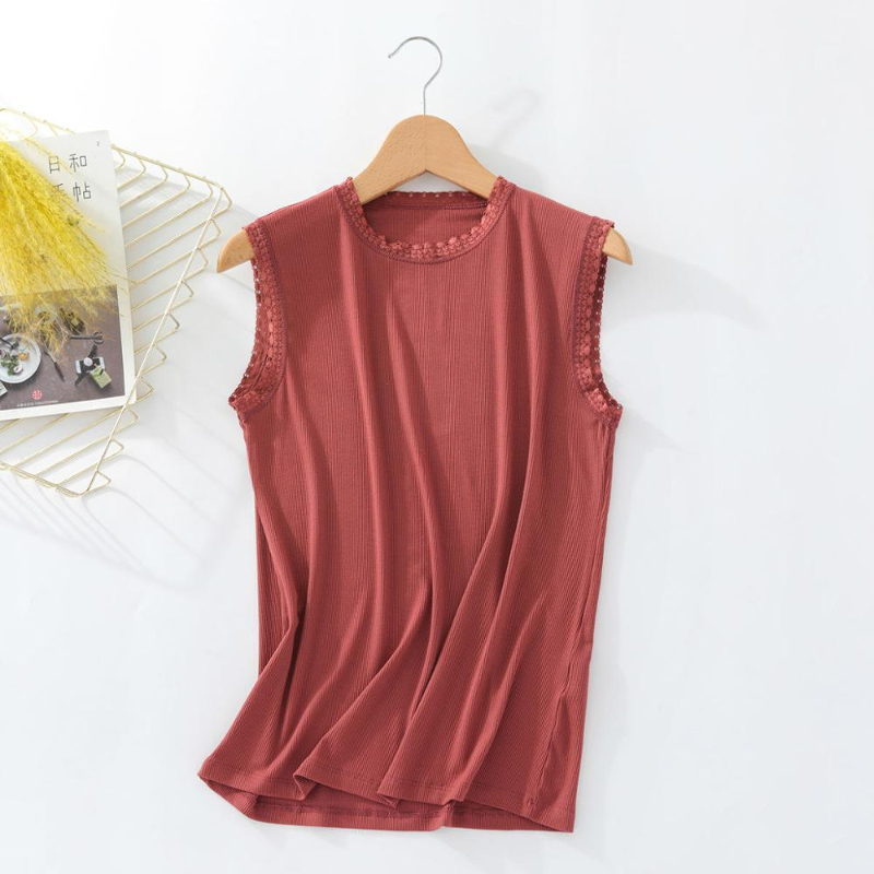 1pc Good Quality Lace Edge Rib Cotton Tank Top Women Summer O Neck Sleeveless Chic Basic T shirt  Streetwear Stretch Slim fit  Tees