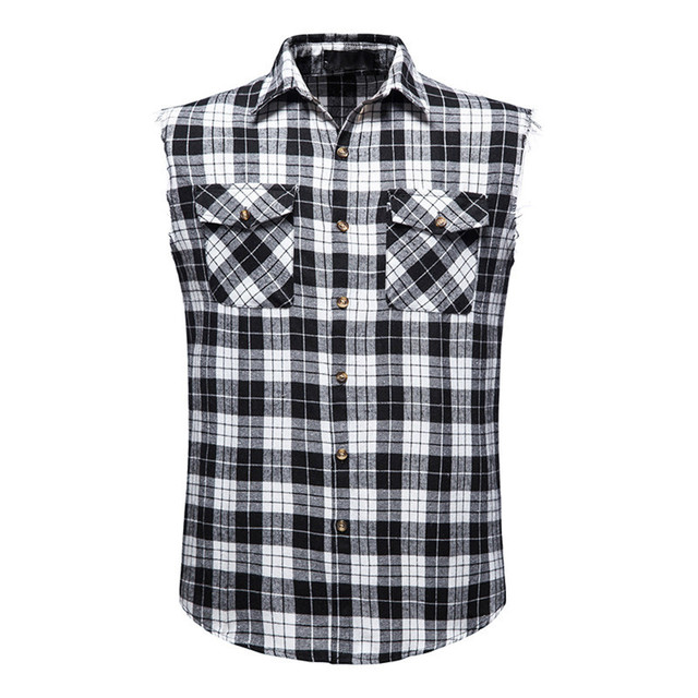Men's Casual Flannel Plaid Shirt Sleeveless Double Pocket Cowboy Button Down Shirts Men Cotton Plus Size Vest Checkered Top