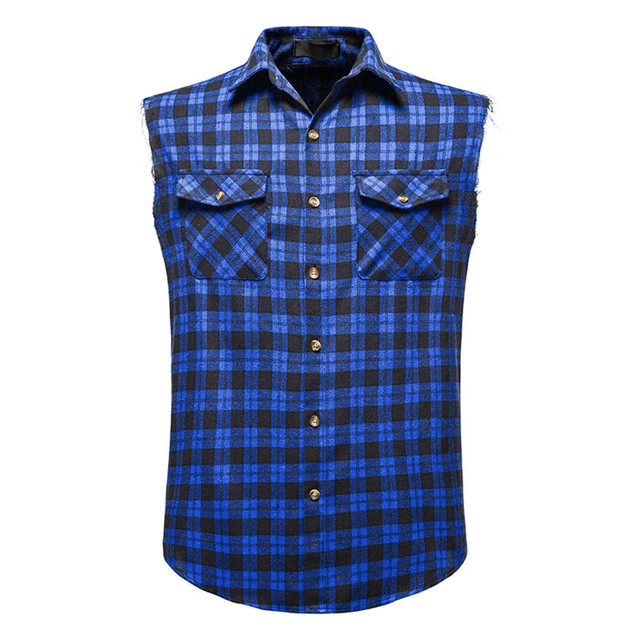 Men's Casual Flannel Plaid Shirt Sleeveless Double Pocket Cowboy Button Down Shirts Men Cotton Plus Size Vest Checkered Top