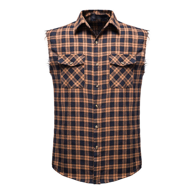Men's Casual Flannel Plaid Shirt Sleeveless Double Pocket Cowboy Button Down Shirts Men Cotton Plus Size Vest Checkered Top