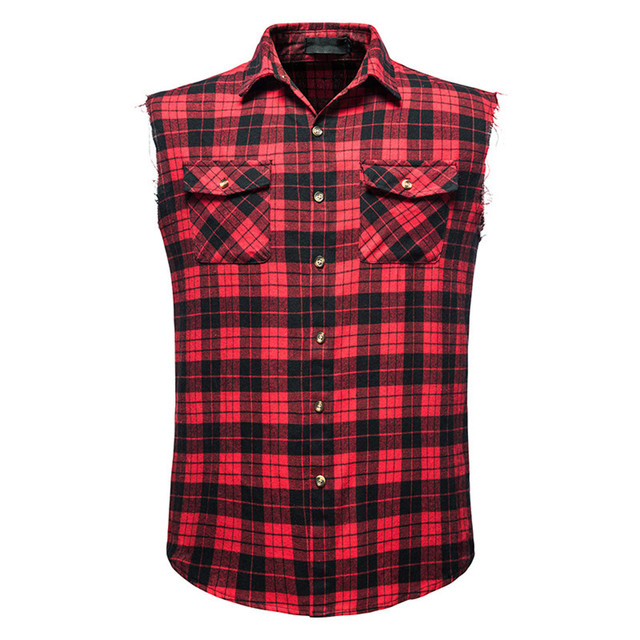 Men's Casual Flannel Plaid Shirt Sleeveless Double Pocket Cowboy Button Down Shirts Men Cotton Plus Size Vest Checkered Top