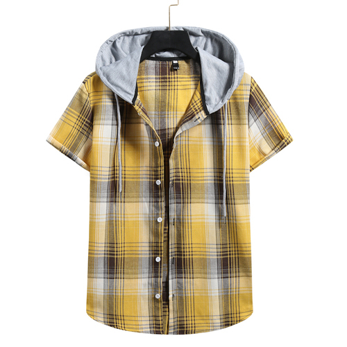 Summer Men's Couple Hooded Checked Short-sleeved Shirts