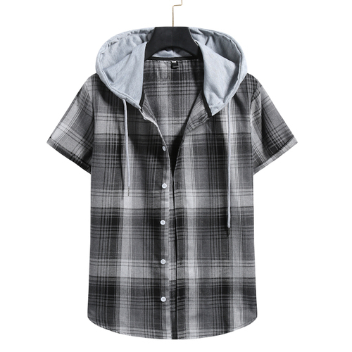 Summer Men's Couple Hooded Checked Short-sleeved Shirts