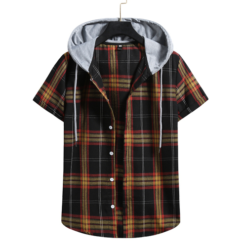 Summer Men's Hooded Checked Short-sleeved Shirt