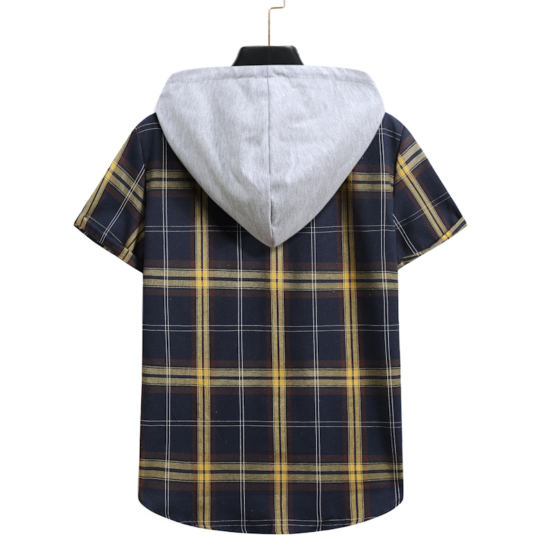 Summer Men's Hooded Checked Short-sleeved Shirt