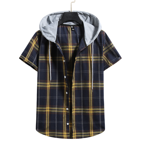 Summer Men's Hooded Checked Short-sleeved Shirt