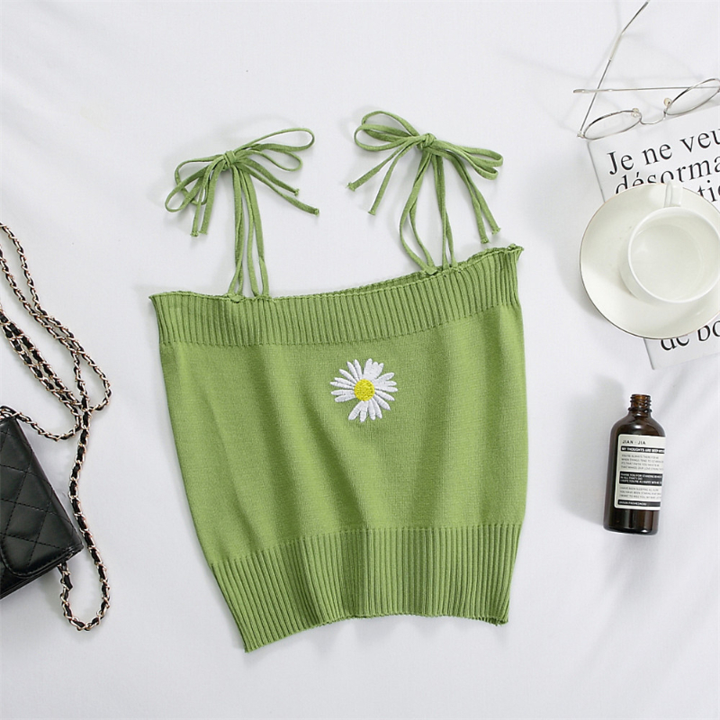Summer Women Embroideried Flower Tank Crop Tops Girls Knitted Camisole Sleeveless Tee shirts With Laced Straps