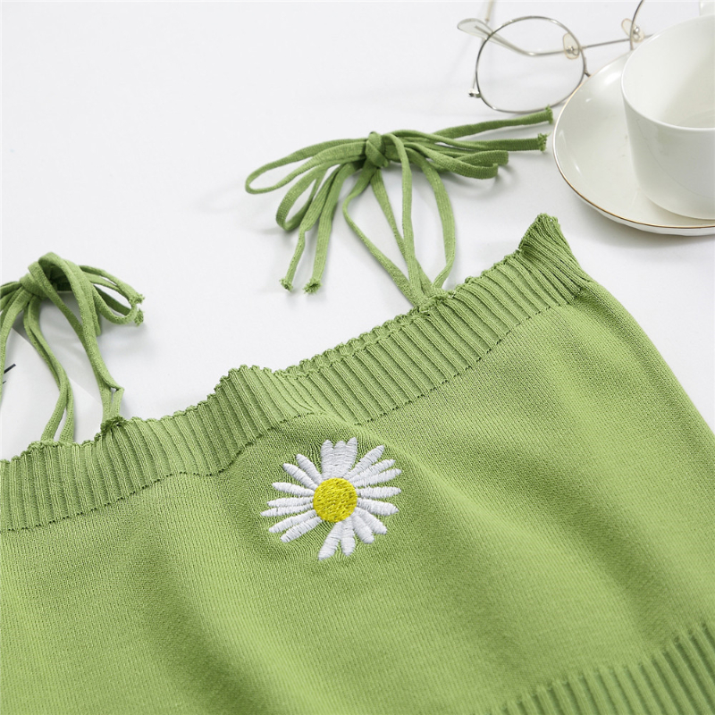 Summer Women Embroideried Flower Tank Crop Tops Girls Knitted Camisole Sleeveless Tee shirts With Laced Straps