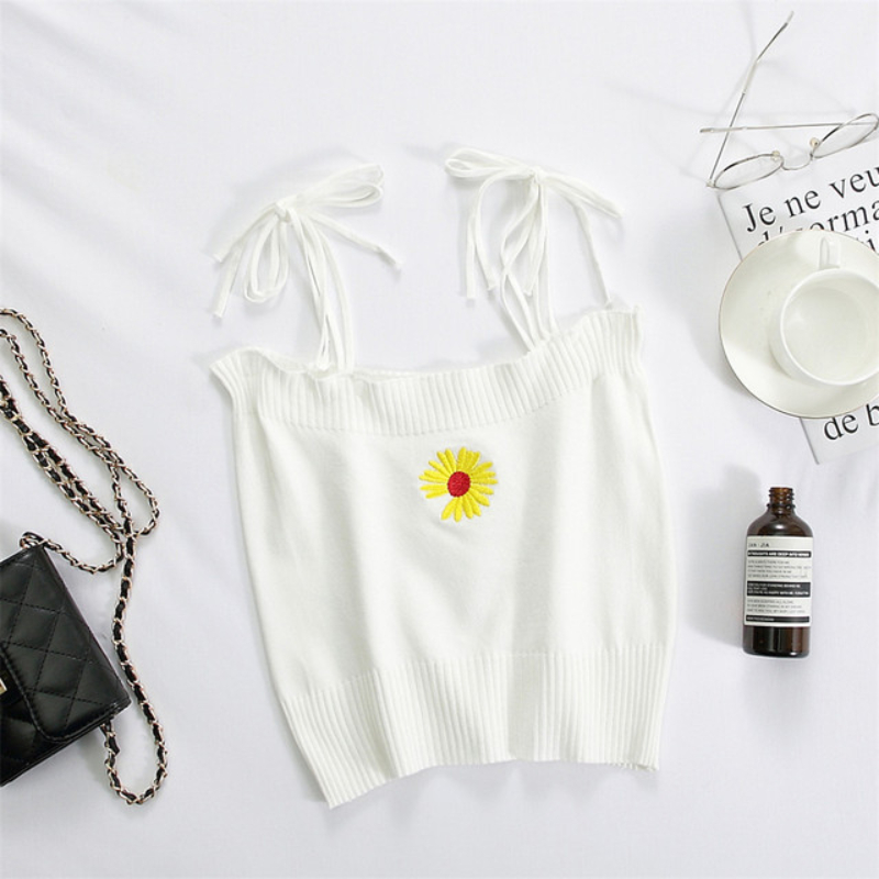 Summer Women Embroideried Flower Tank Crop Tops Girls Knitted Camisole Sleeveless Tee shirts With Laced Straps
