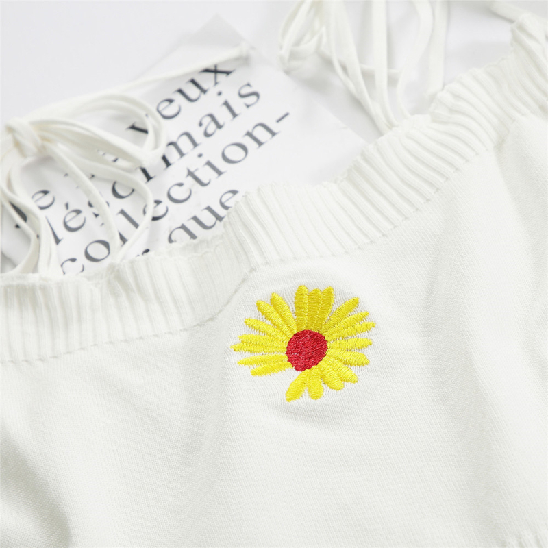 Summer Women Embroideried Flower Tank Crop Tops Girls Knitted Camisole Sleeveless Tee shirts With Laced Straps