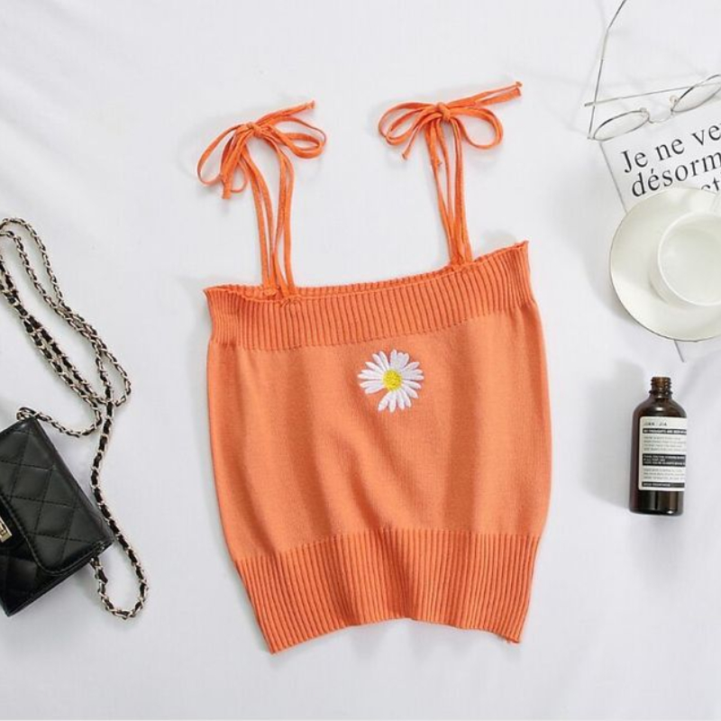Summer Women Embroideried Flower Tank Crop Tops Girls Knitted Camisole Sleeveless Tee shirts With Laced Straps