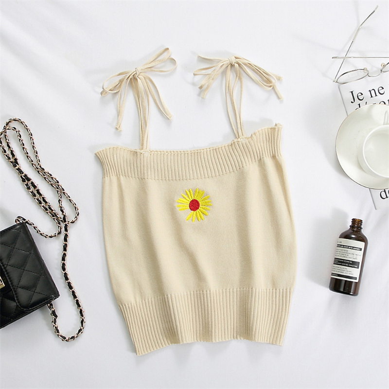 Summer Women Embroideried Flower Tank Crop Tops Girls Knitted Camisole Sleeveless Tee shirts With Laced Straps