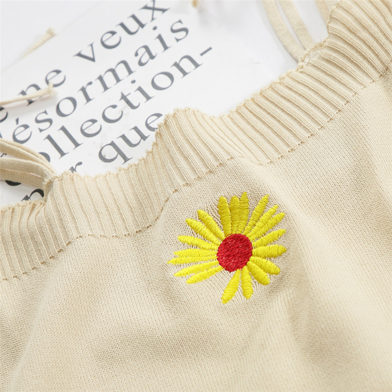 Summer Women Embroideried Flower Tank Crop Tops Girls Knitted Camisole Sleeveless Tee shirts With Laced Straps