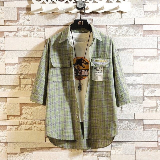 New Fashion Mens Plaid Shirt Short Sleeve Slim Fit Shirt Kpop Clothes Harajuku Striped Cotton Shirts Tops with Front Pocket