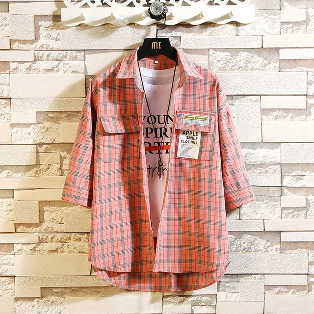 New Fashion Mens Plaid Shirt Short Sleeve Slim Fit Shirt Kpop Clothes Harajuku Striped Cotton Shirts Tops with Front Pocket