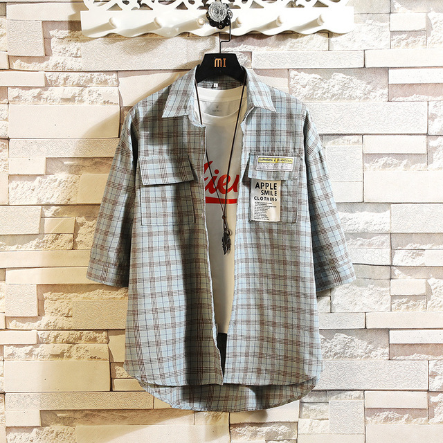 New Fashion Mens Plaid Shirt Short Sleeve Slim Fit Shirt Kpop Clothes Harajuku Striped Cotton Shirts Tops with Front Pocket