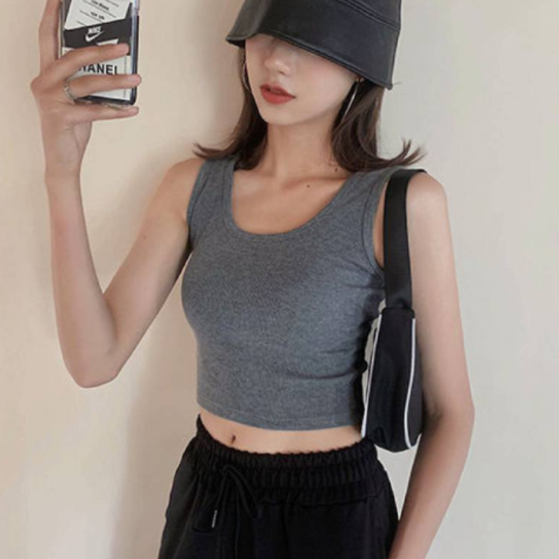 1pc  Summer Slim  Short Top Sexy Women Sleeveless U Croptops Tank Tops Solid  Crop Tops Vest