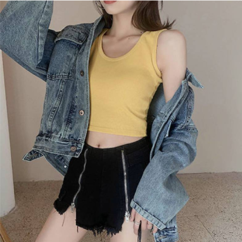 1pc  Summer Slim  Short Top Sexy Women Sleeveless U Croptops Tank Tops Solid  Crop Tops Vest