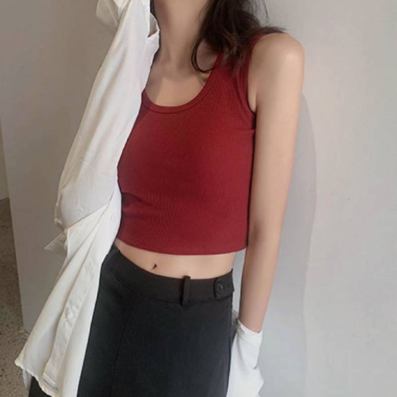 1pc  Summer Slim  Short Top Sexy Women Sleeveless U Croptops Tank Tops Solid  Crop Tops Vest