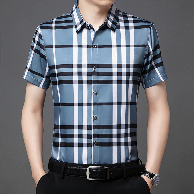 Fast Shipping New Men's Short Sleeve Plaid Print Shirt Casual Short Sleeve Top