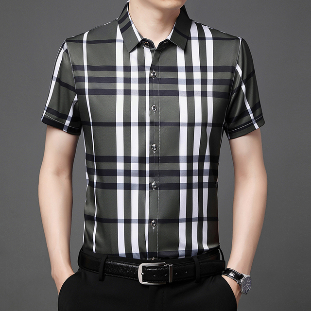 Fast Shipping New Men's Short Sleeve Plaid Print Shirt Casual Short Sleeve Top