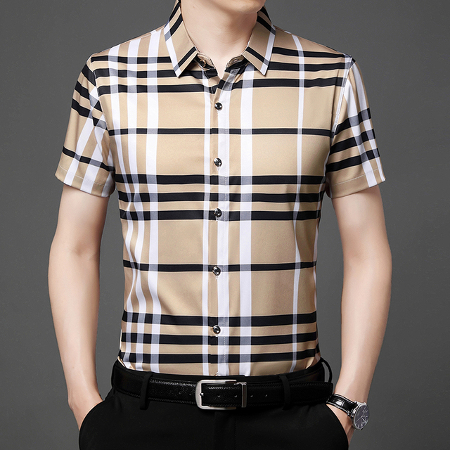 Fast Shipping New Men's Short Sleeve Plaid Print Shirt Casual Short Sleeve Top
