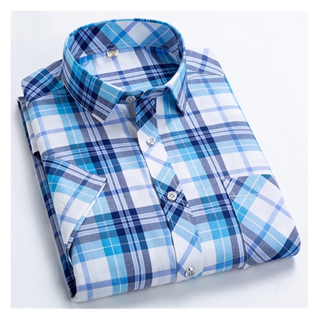 Checkered shirts for men Summer short sleeved leisure slim fit Plaid Shirt square collar soft causal male tops with front pocket