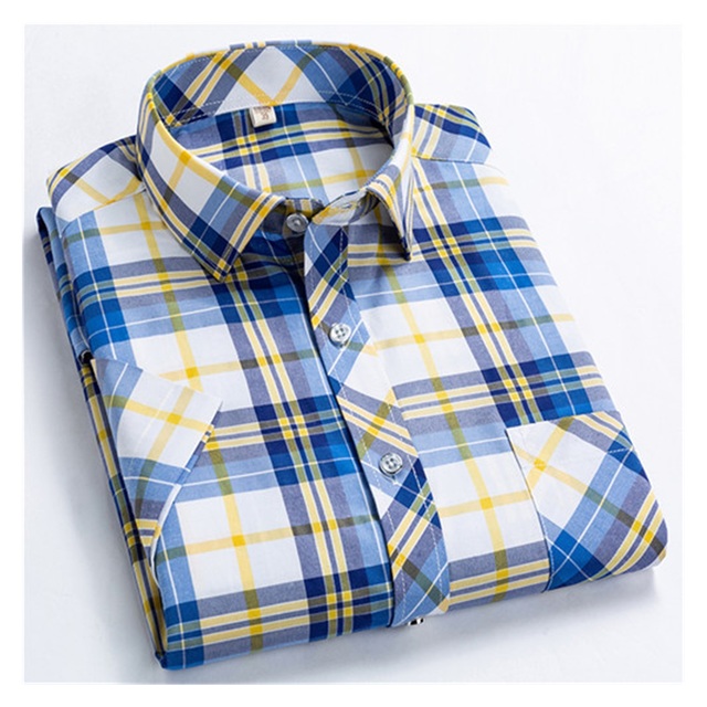 Checkered shirts for men Summer short sleeved leisure slim fit Plaid Shirt square collar soft causal male tops with front pocket