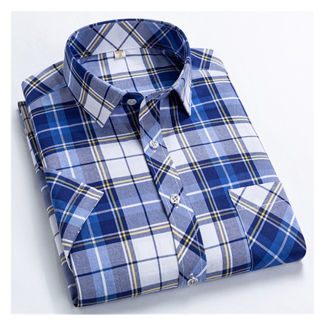 Checkered shirts for men Summer short sleeved leisure slim fit Plaid Shirt square collar soft causal male tops with front pocket