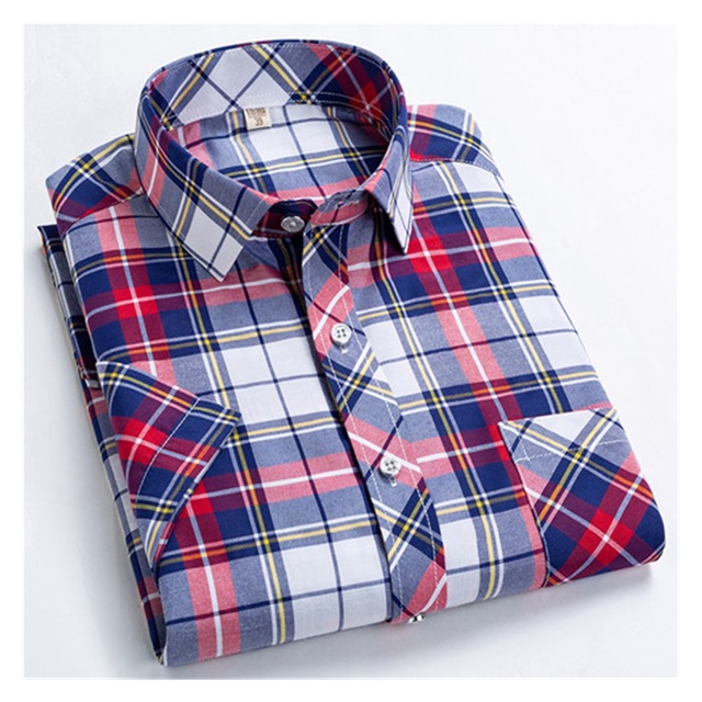 Checkered shirts for men Summer short sleeved leisure slim fit Plaid Shirt square collar soft causal male tops with front pocket