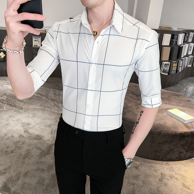 British Style Summer Office Shirts for Men Fashion Half Sleeve Men Plaid Shirts Slim Fit Business Formal Wear Blouse Men