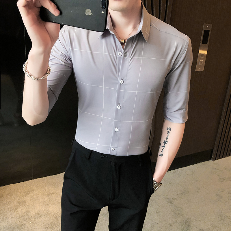British Style Summer Office Shirts for Men Fashion Half Sleeve Men Plaid Shirts Slim Fit Business Formal Wear Blouse Men